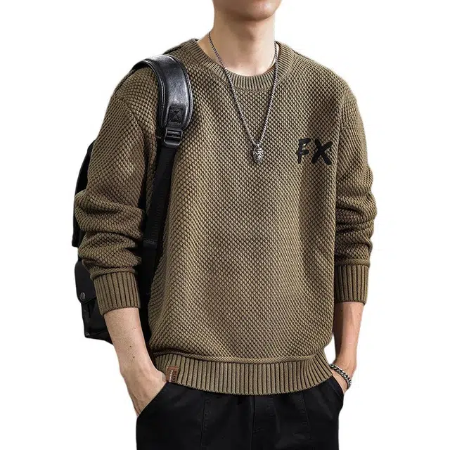 遨宇 美式潮牌休闲痞帅极简风字母刺绣秋冬款居家中性风宽松大码圆领外套针织衫 男女同款