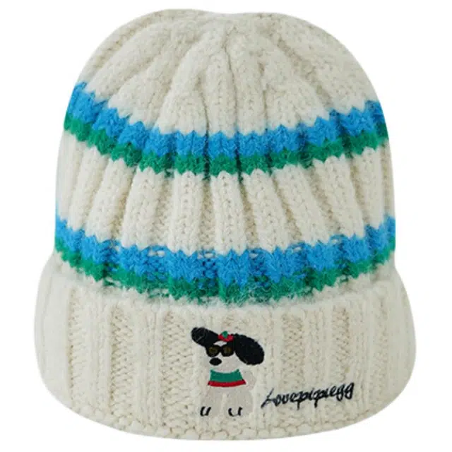 木林森 秋冬季韩系条纹小狗护耳保暖套头帽子显脸小 涤纶 绒线帽 男女同款情侣款