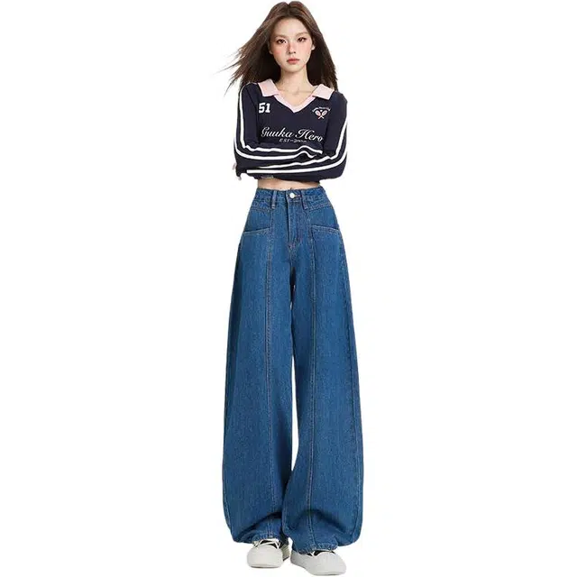 宝米卡 高腰垂感拖地裤气质通勤休闲百搭弯刀直筒水洗简约长裤牛仔裤 女款