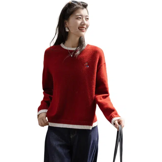 【dme】 冬季简约风绣花线衫拼色圆领宽松丰盈蓬松绵羊毛保暖显瘦百搭休闲针织衫 女款