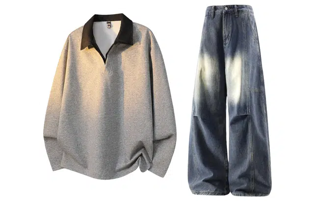 梓润格 美式复古高街简约百搭商务假两件长袖慵懒风长裤阔腿时潮水洗做旧牛仔裤卫衣套装 男女同款