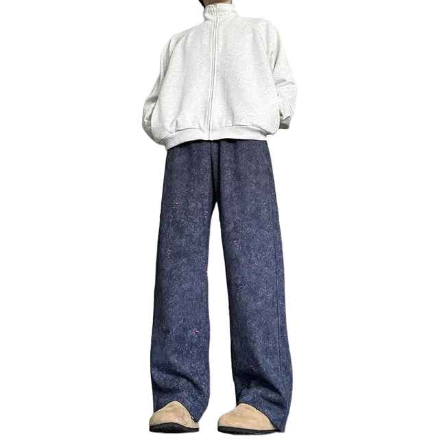 一碗士多 美式复古高街小众百搭简约撞色扎染设计感宽松舒适垂感拖地日常通勤户外活动直筒阔腿时尚个性经典款休闲裤 男女同款