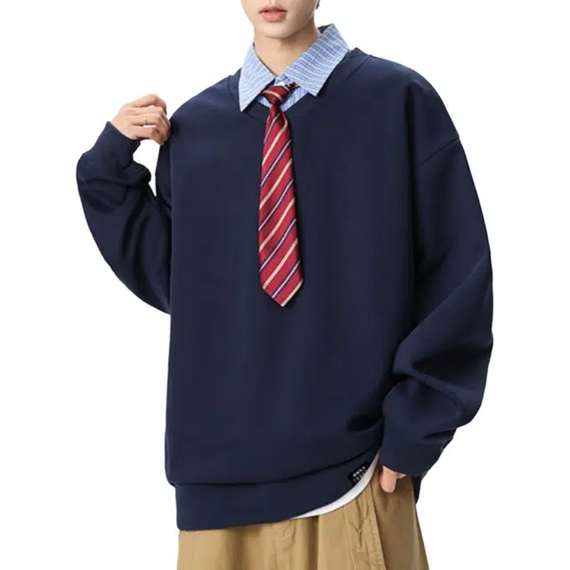 【假两件格子翻领】赫赫良衣 美式复古痞帅高街系列学生学院风长袖上衣穿搭时尚宽松日常通勒休闲运动百搭小众高级感韩系潮牌卫衣 男女同款