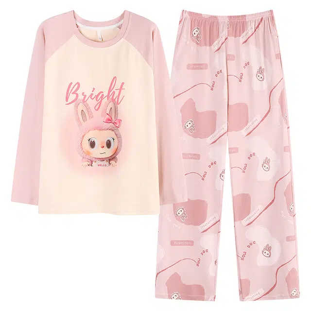 俏霓桐 甜美可爱卡通圆领纯棉亲肤带胸垫休闲舒适长袖长裤家居服可外穿睡衣套装 女款