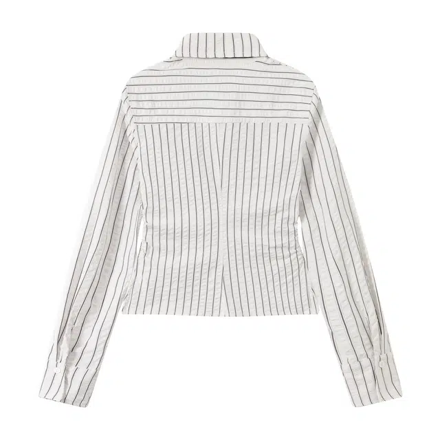 江南先生 城市接力赛 美式复古泡泡肌理条纹运动风校园秋情侣休闲上衣长袖衬衫 男女同款