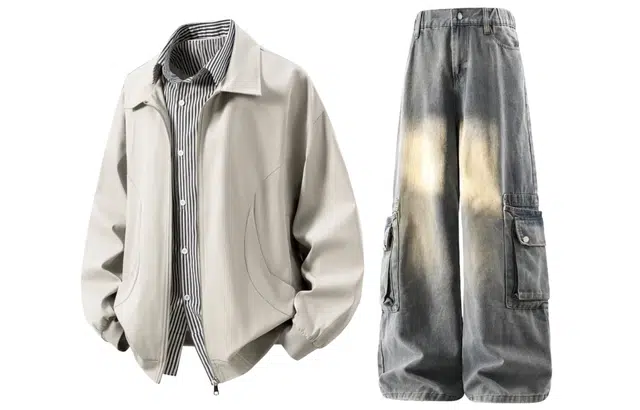 梓润格 秋冬港风氛围感高级设计个性舒适假两件衬衫领夹克外套牛仔裤大口袋工装痞帅美式复古裤子休闲运动套装 男女同款