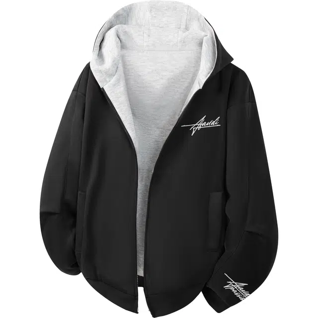 阿凡迪 美式复古街头学院风仿万针刺绣拼接撞色设计花体字母潮牌袖子印花宽松舒适休闲百搭时尚潮流通勤华棉长袖连帽开衫卫衣 男女同款