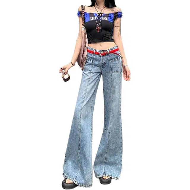 如续 美式中高腰设计感阔腿喇叭长裤潮流百搭垂坠感拖地牛仔裤 女款