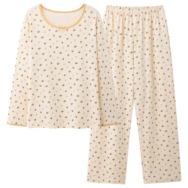 都市丽人  亲肤纯棉微弹长袖圆领蕾丝边植物花卉可外穿家居服秋冬睡衣套装 女款