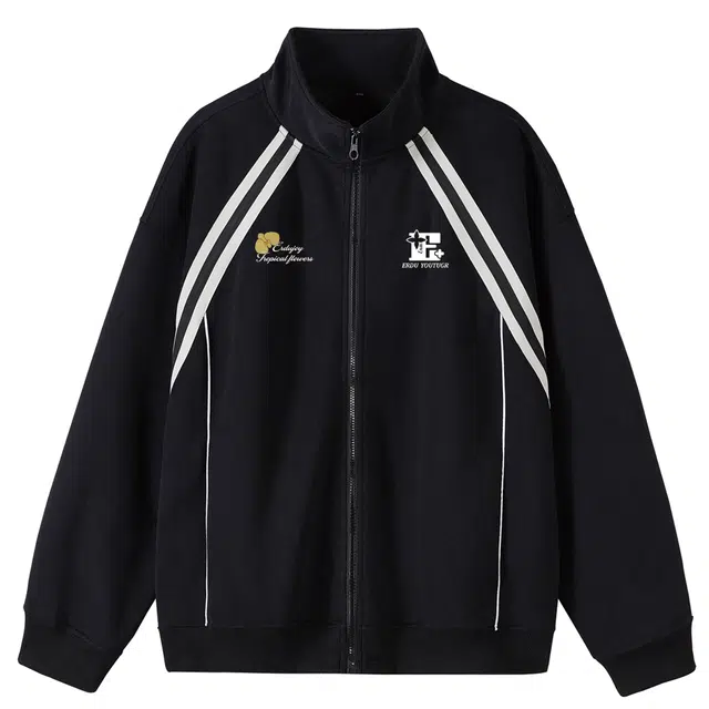 而度 复古运动风花卉印花撞色条纹精致工艺宽松廓形立领外套潮人连帽卫衣 男女同款