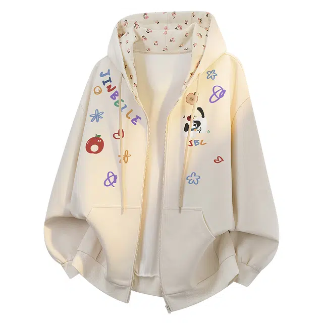 金贝勒 美式高街涂鸦卡通彩色图案字母印花复古小碎花拼接时尚重磅秋装上衣拉链开衫外套休闲百搭宽松连帽情侣卫衣 男女同款