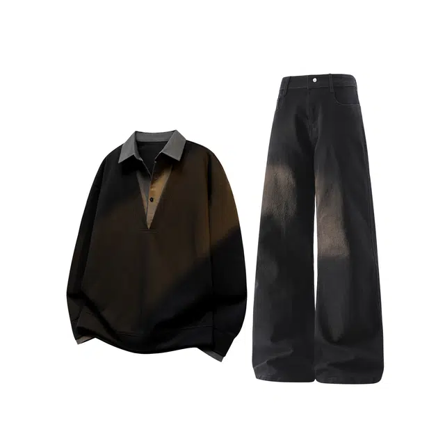 梓润格 户外运动潮流时尚学院风酷飒个性舒适韩系假两件翻领无性别主义青春设计高级大码衬衫领老钱风微喇弹力牛仔卫衣套装 男女同款