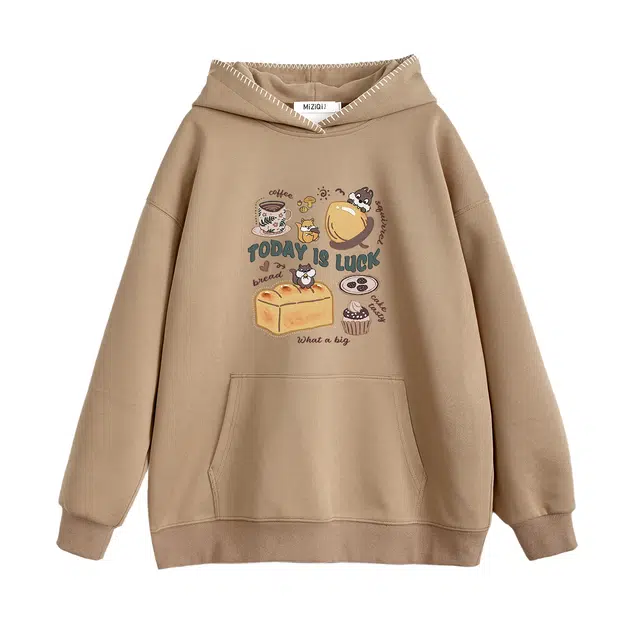米子旗 复古连帽秋季卡通慵懒风帽衫宽松长袖通勤套头卫衣 女款