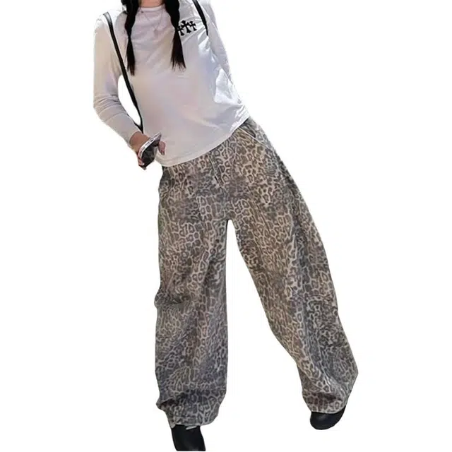 如续 美式复古豹纹弯刀女高腰宽松直筒梧桐阔腿拖地镰刀裤子牛仔裤 女款