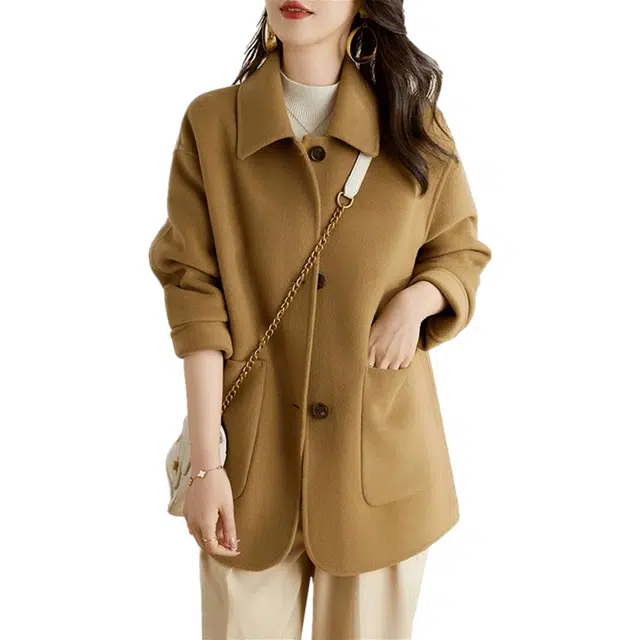 思蓓儿 韩版简约毛呢外套单排扣赫本风大衣 女款