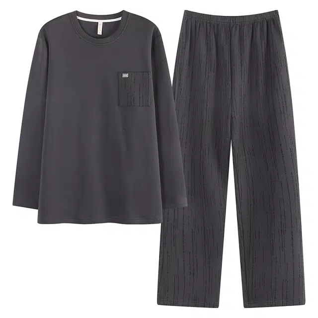 俏霓桐 时尚简约舒适纯棉亲肤圆领休闲高级感长袖长裤家居服可外穿睡衣套装 男款