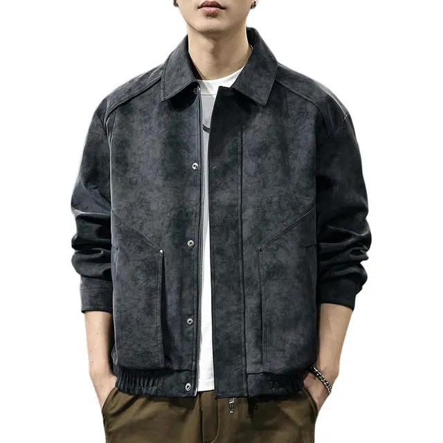 前进牛 美式休闲复古潮牌军事工装风潮流百搭宽松大码痞帅翻领飞行员外套皮衣 男款