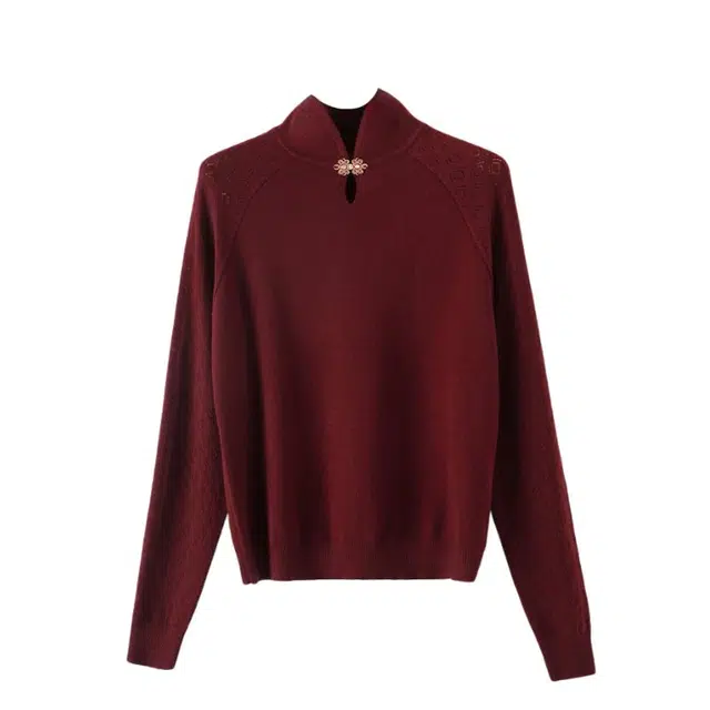 晚白 盘扣立领有弹力含羊毛亲肤不扎肤针织衫 女款