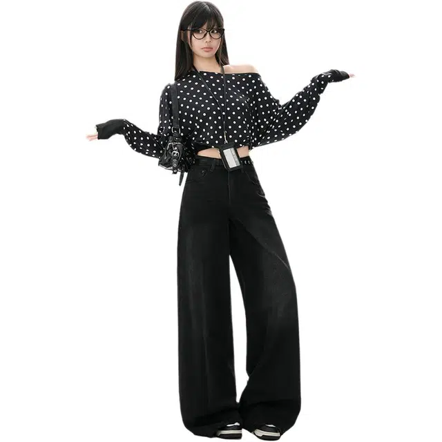 黛尔佳人 美式高腰女秋季宽松显瘦阔腿直筒垂感拖地裤牛仔裤 女款