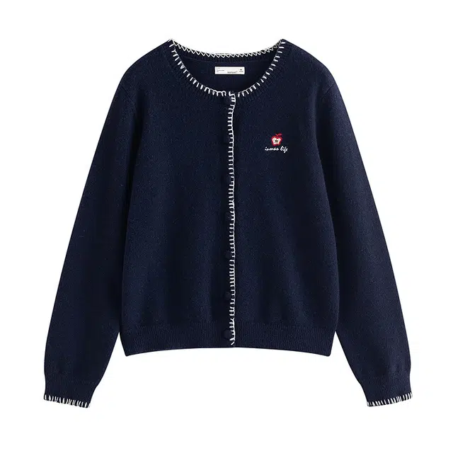 茵曼 复古撞色刺绣圆领开衫宽松长袖外套针织衫 女款