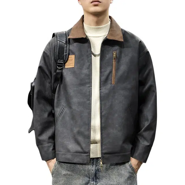 前进牛 秋季阿美咔叽经典潮牌军事风宽松款潮流美式复古户外机能撞色翻领机车外套皮衣 男款