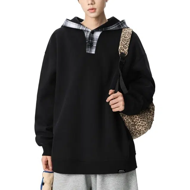 【格纹连帽拼接设计】赫赫良衣 美式复古痞帅高街风纯色基础款上衣时尚简约无性别主义垂感保暖休闲宽松百搭小众高级感学院风卫衣 男女同款