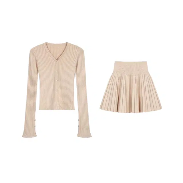 望莱仕 别致绝美女秋季气质单排扣针织衫百褶裙小个子短裙显瘦两件套裙装套装 女款
