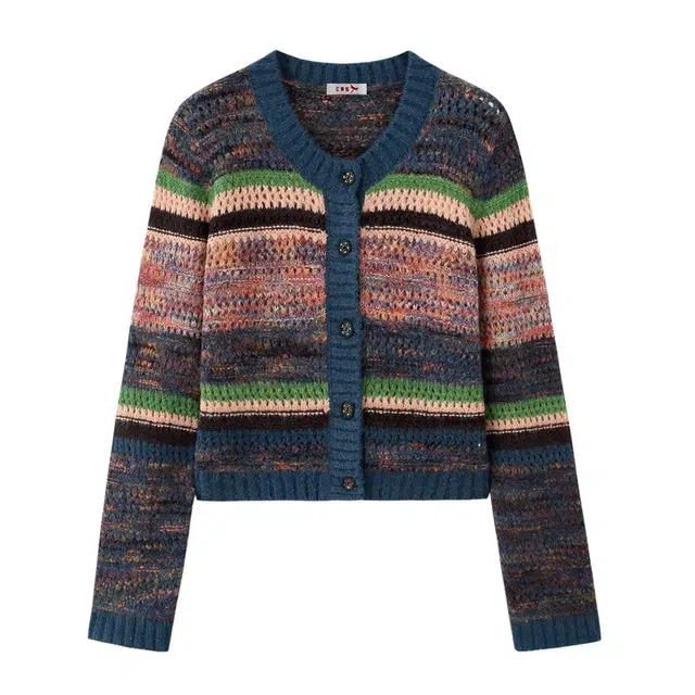 红蜻蜓 休闲时尚圆领条纹长袖开衫短款外套百搭针织衫 女款