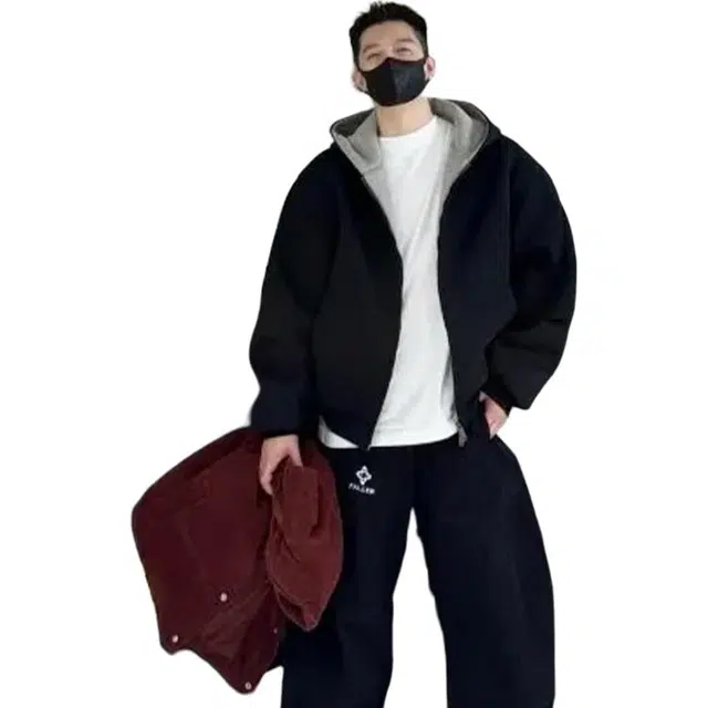 黑马漫画 双拼色重磅拉链连帽上衣短款秋开衫外套卫衣 男女同款