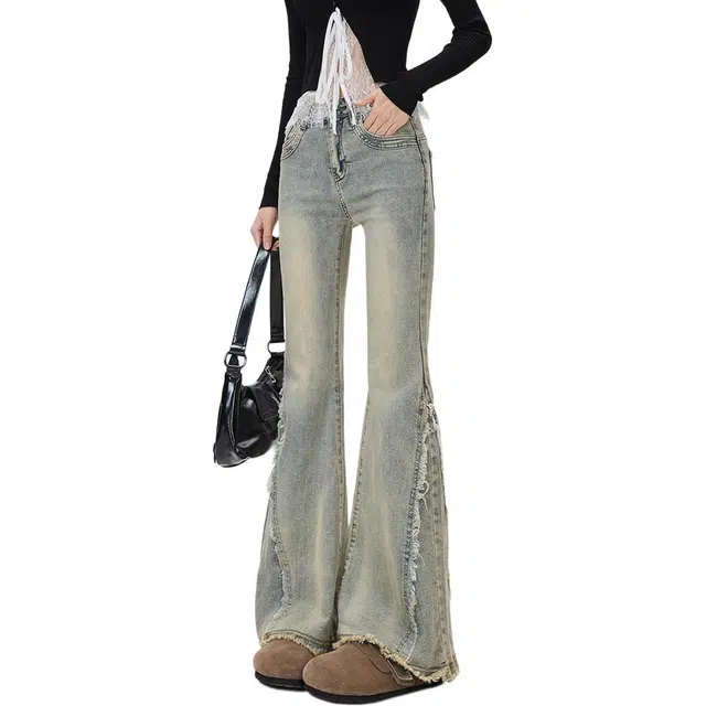 么宁 辣妹复古百搭微喇毛边拼接设计感阔腿拖地长裤牛仔裤 女款