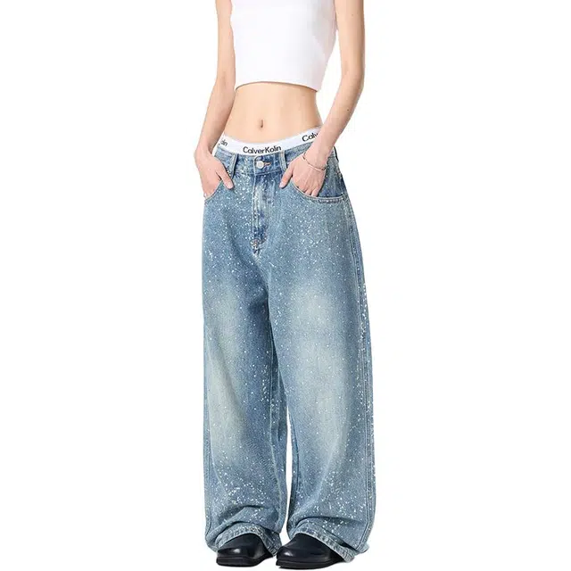 帝狼牛 美式高街风格高裆微喇裤子斜切潮流时尚舒适百搭阔腿牛仔裤 男女同款