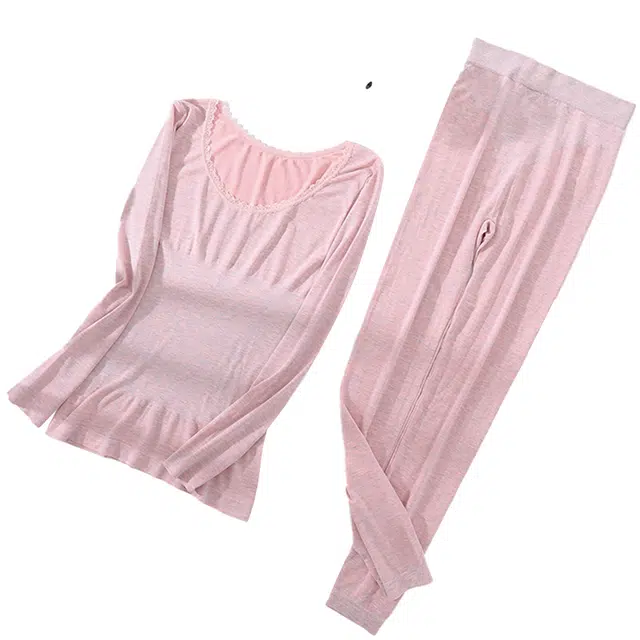 睦隆世家 简约舒适纯色秋衣秋裤 修身内搭 性感蕾丝圆领保暖套装 女款