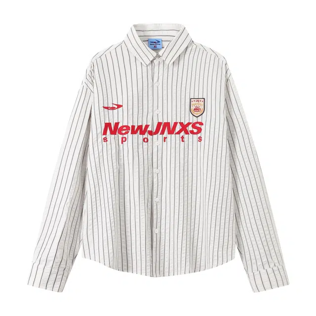 江南先生 城市接力赛 美式复古泡泡肌理条纹运动风校园秋情侣休闲上衣长袖衬衫 男女同款