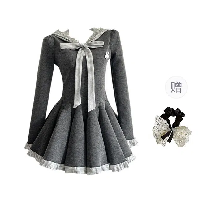 涂诗菲 韩系高级感赫本风气质纯色小众设计感收腰显瘦时尚慵懒风长袖连衣裙 女款