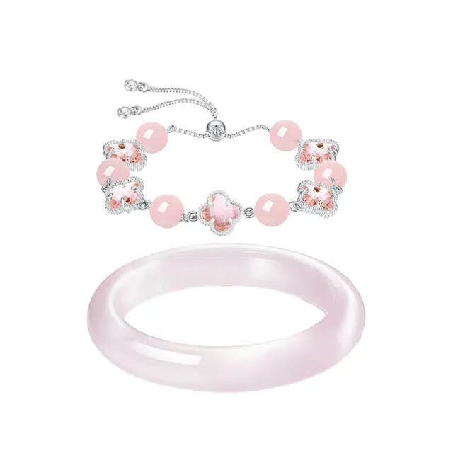 【四叶草叠戴】 雅谷 经典白月光 粉红招桃花  清冷感 一步一响 优雅复古 国风汉服旗袍 素圈#好运 琉璃 手镯 女款