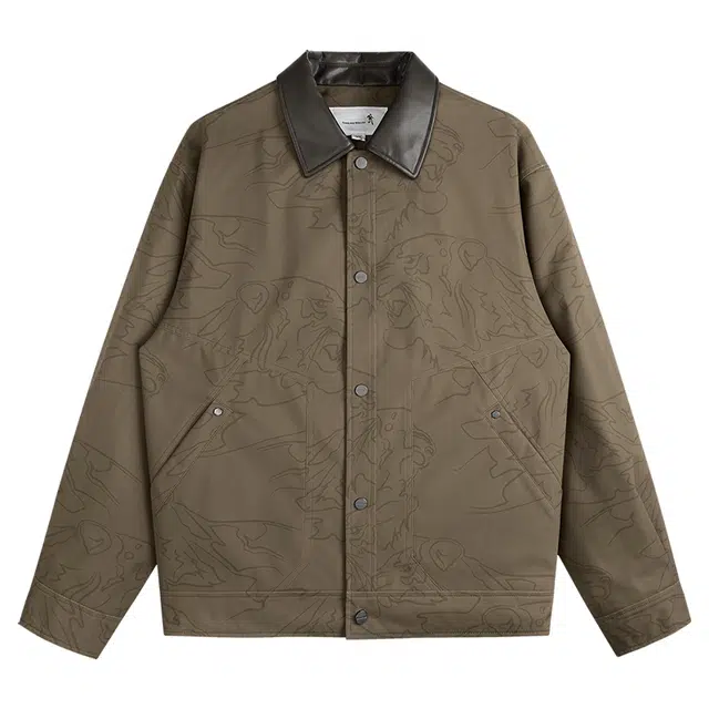 与狼共舞 美式复古巴恩风轻奢高级感潮流时尚暗纹印花高街风通勤休闲百搭抗皱防风保暖夹棉工装翻领夹克外套 男款