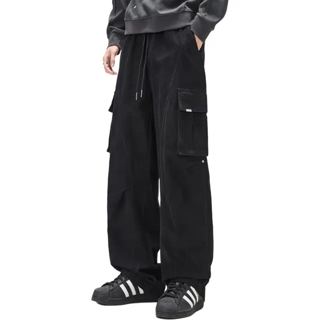 隐狼世家 潮牌设计感纯棉宽松弯刀工装裤男美式多口袋高街裤子休闲裤 男款