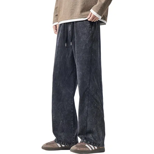 瑞梵帝斯 秋季美式高街莱赛尔水洗裤男士秋冬季潮流复古宽松舒适百搭阔腿直筒裤潮牌日常户外工装裤流行帅气牛仔裤 男款