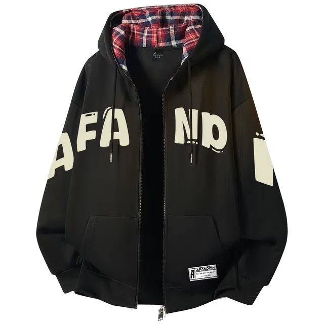 阿凡迪 美式高街仿刺绣工艺潮流品牌大字母格子撞色复古运动校园休闲百搭通勤嘻哈街头无性别主义宽松舒适拉链外套开衫连帽卫衣 男女同款