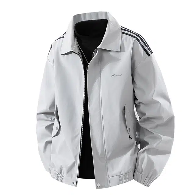 普鲁士多特蒙德 早秋三条杠外套季显瘦潮牌情侣美式高街复古纯色宽松简约落肩袖拉链开衫日常休闲通勤时尚潮流长袖百搭夹克 男女同款