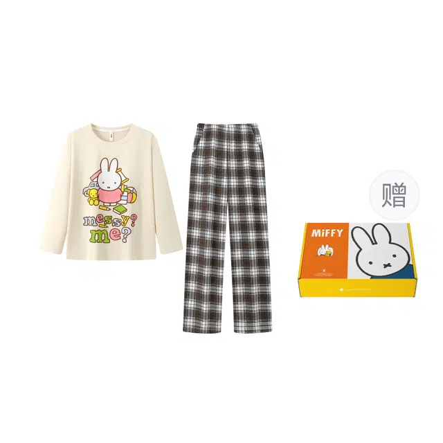 宫蝶 米菲长袖甜美风纯棉卡通家居服宽松休闲可外穿格子睡衣套装 女款 礼盒装