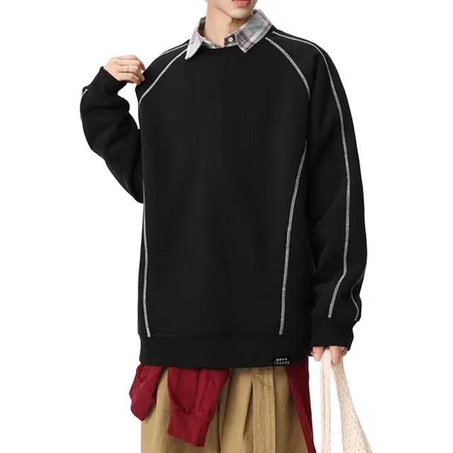 【假两件明线设计】赫赫良衣 美式复古痞帅高街风格子翻领拼接长袖上衣时尚简约宽松日常通勤百搭休闲保暖小众高级感韩系潮牌卫衣 男女同款