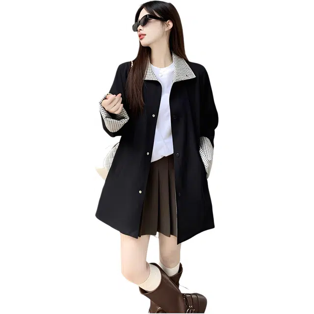 荟萃阁 条纹宽松适中立领长袖风衣 女款