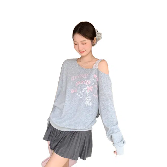 苏九儿 甜辣风蕾丝拼接斜肩减龄百搭露肩卫衣 女款