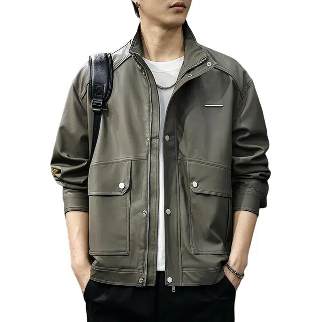 前进牛 阿美咔叽高级感复古潮牌宽松休闲皮衣 男款