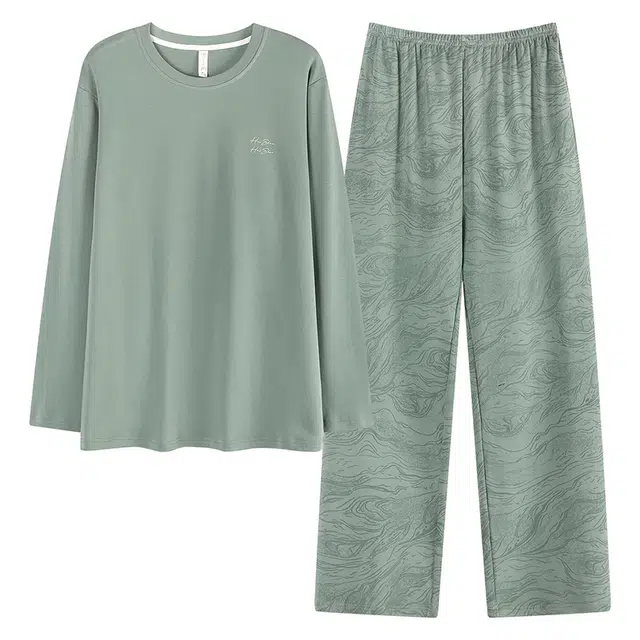 俏霓桐 时尚简约纯棉亲肤舒适圆领休闲百搭清新长袖长裤家居服可外穿睡衣套装 男款