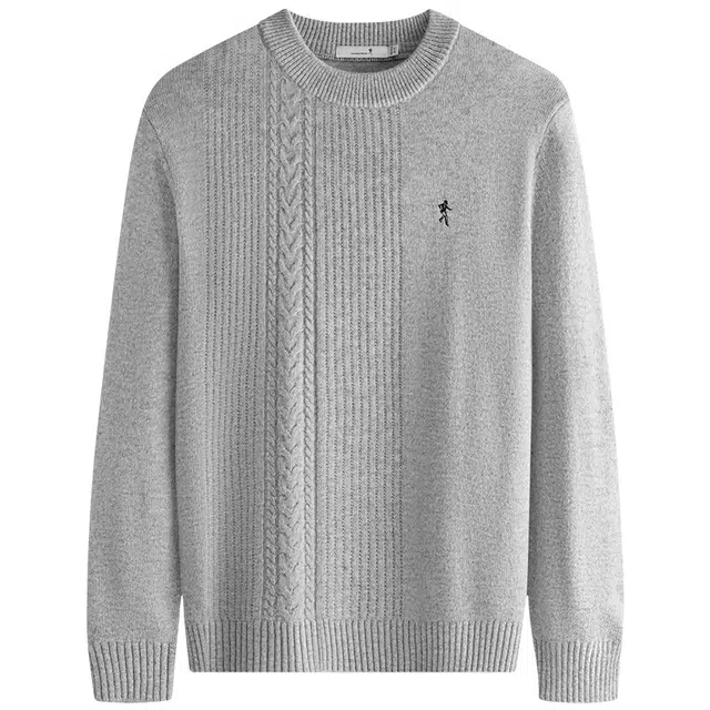 与狼共舞 日系风城市经典休闲百搭保暖纯羊毛衫纯色简约提花肌理柔软亲肤套头圆领针织毛衣 男款