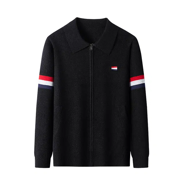 卡丹狄诺 美式复古条纹翻领拉链开衫外套潮牌宽松帅气高级感松弛慵懒休闲百搭针织衫 男款