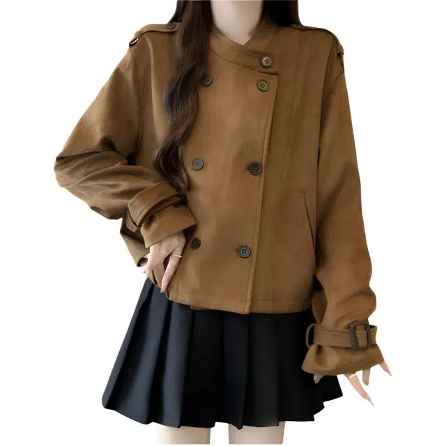 荟萃阁 复古麂皮绒经典款双排扣合身百搭小个子高级感机车短外套上衣夹克 女款