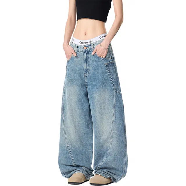 帝狼牛 美式阔腿春秋潮牌长裤直筒大码宽松拖地裤子牛仔裤 男女同款